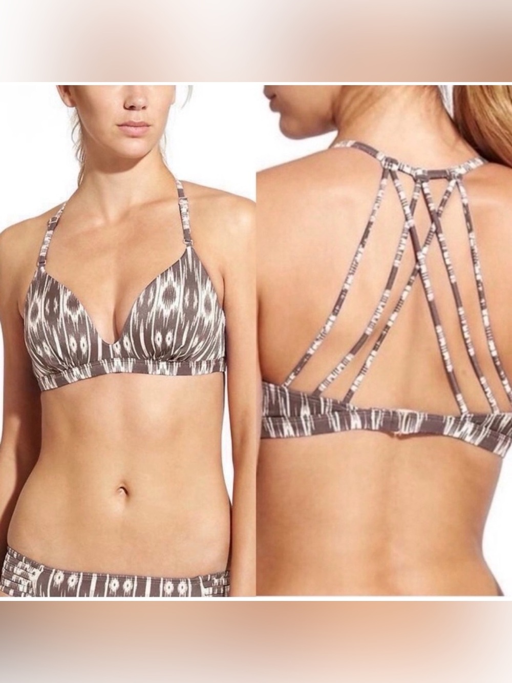 Athleta Aqualuxe Molded Cup Bikini Swimsuit Top Foxtail Taupe Ikat Print size L
